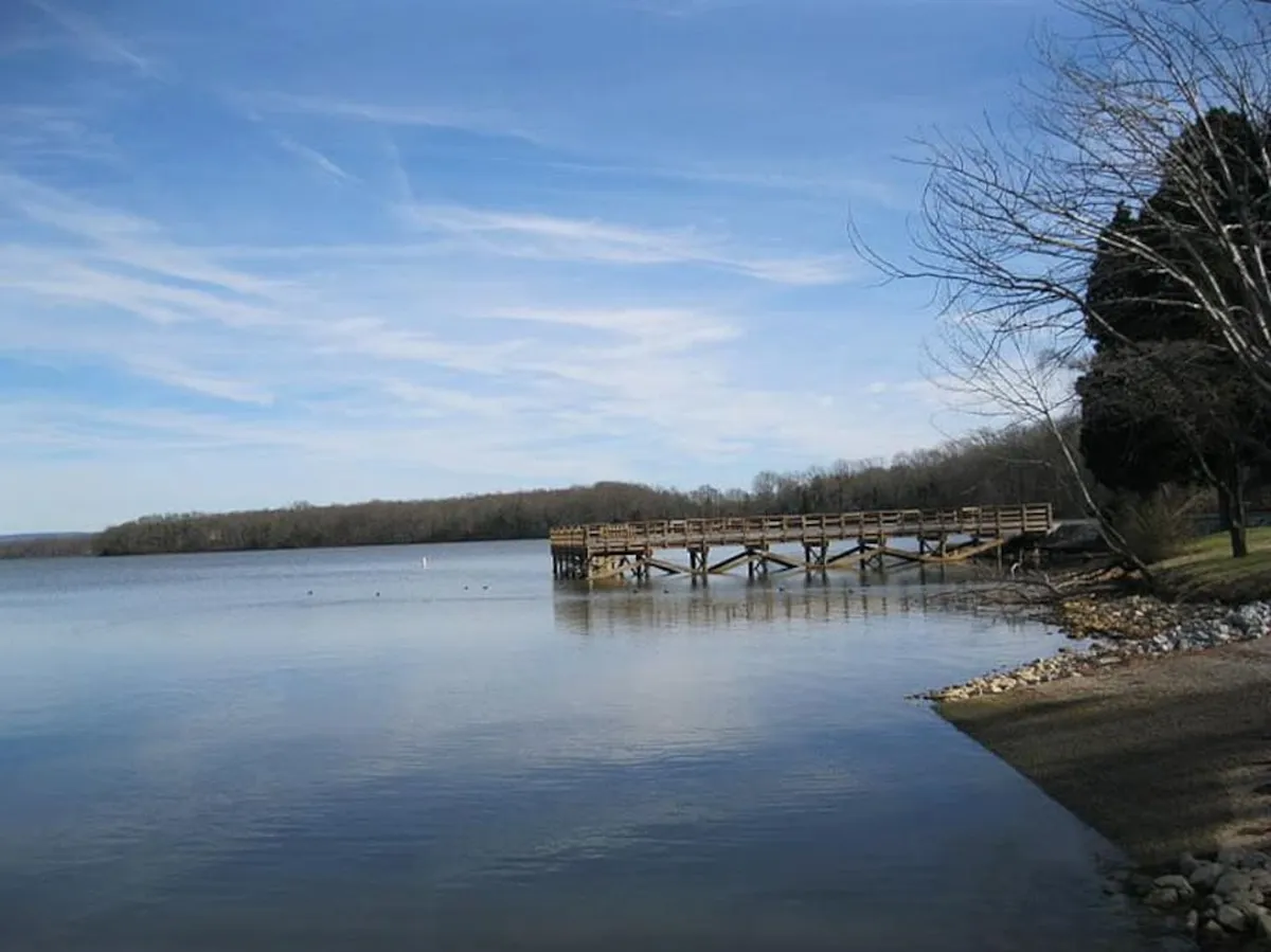 A tranquil lakeside scene featuring a wooden pier extending over calm water, framed by lush trees and an expansive sky. The area looks inviting for families to fish, boat, take morning strolls, or simply enjoy sunset views by the shore.